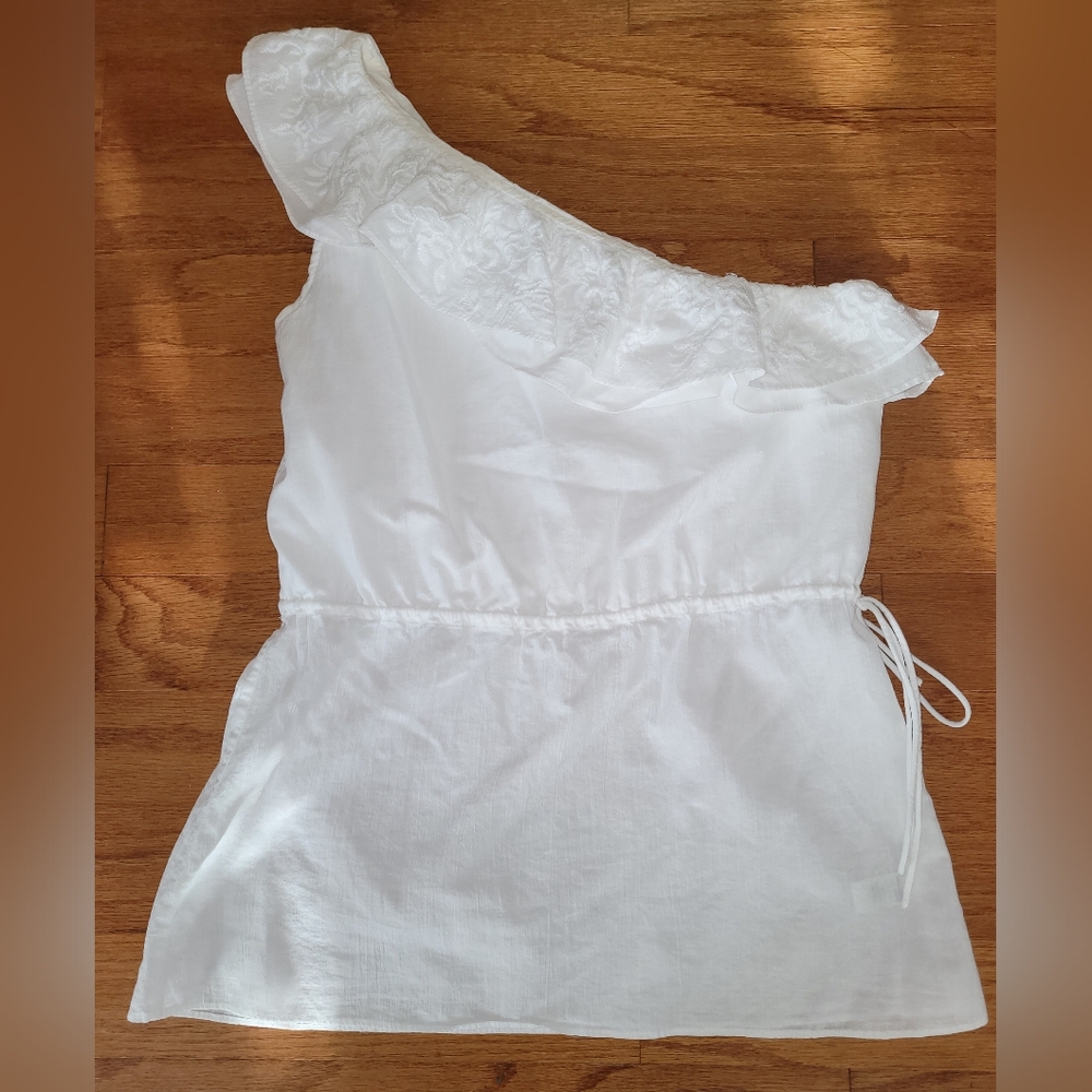 Banana Republic White One Shoulder Ruffle Top, Drawstring Waist, Size XS